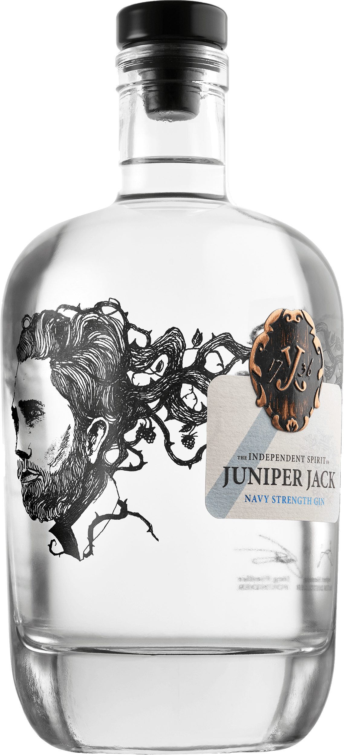 Juniper Jack Navy Strength Unplugged – Distillers Cut Ginflasche mit Wacholderzweig und Koriandersamen im Hintergrund.