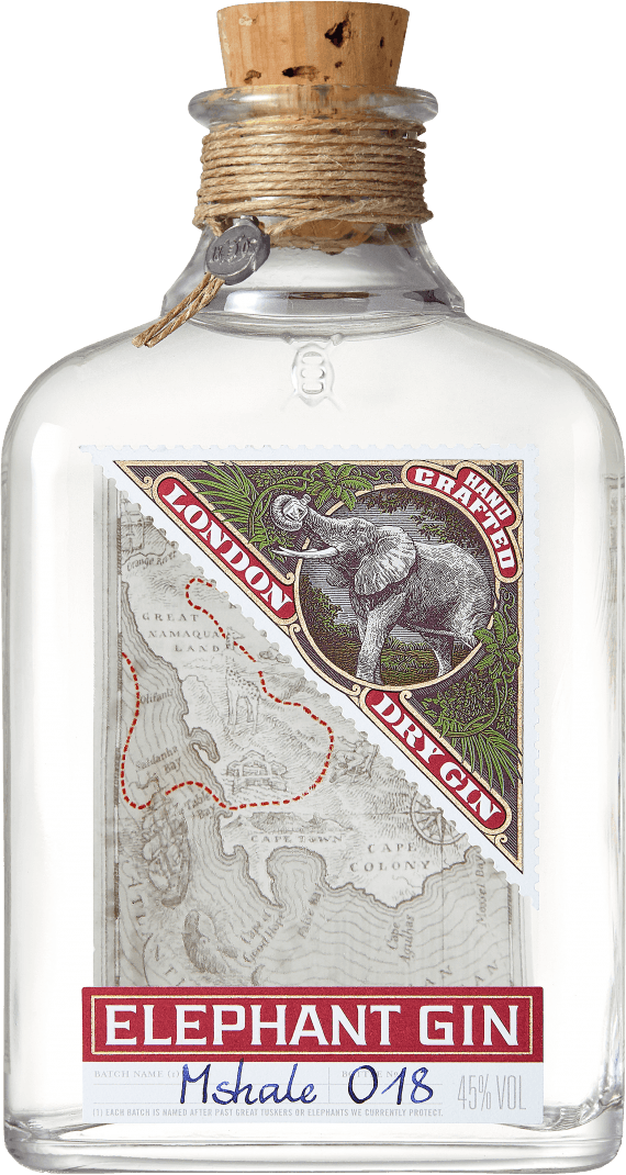 Elephant London Dry Gin Flasche mit Etikett und Glas"