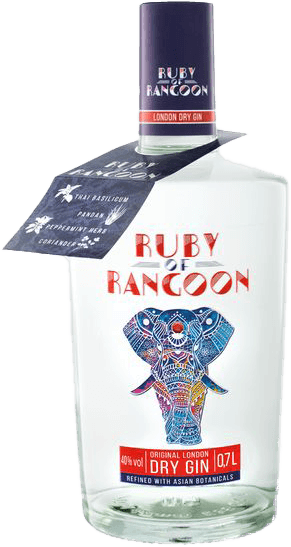 Der Ruby of Rangoon Original London Dry Gin in seiner eleganten Flasche, verziert mit einem exotischen Pandan-Blatt. 