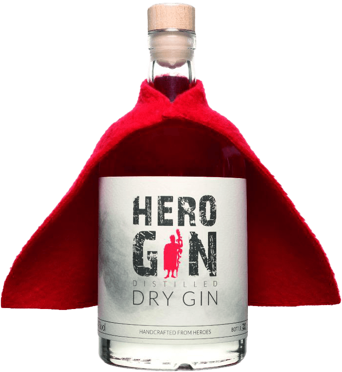 "Flasche Hero Gin mit sechs Botanicals handverlesen in Deutschland hergestellt"