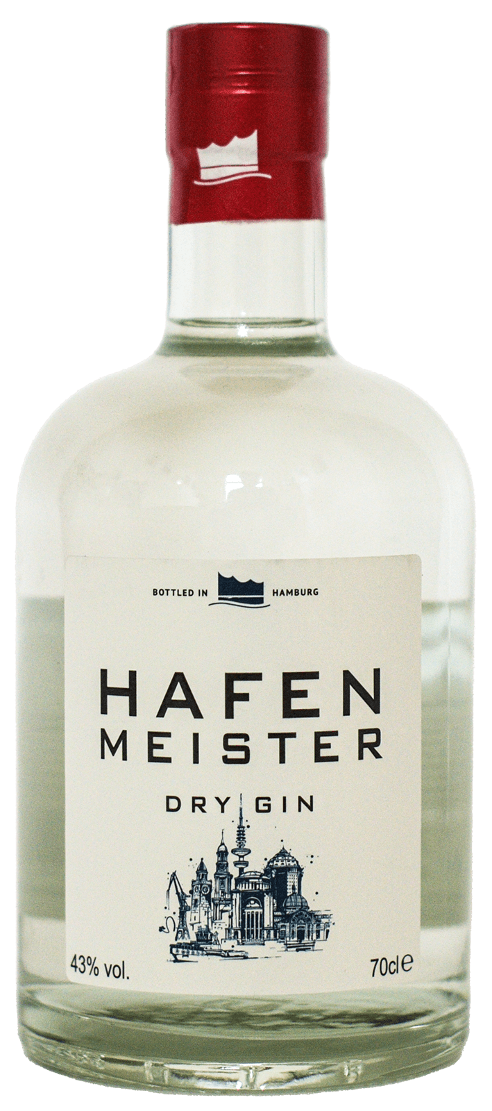 Bild des Hafenmeister Dry Gins, produziert von Mercurius Drinks Company, mit deutlicher Darstellung der Flasche und des Labels, hervorragender deutscher Gin aus Hamburg