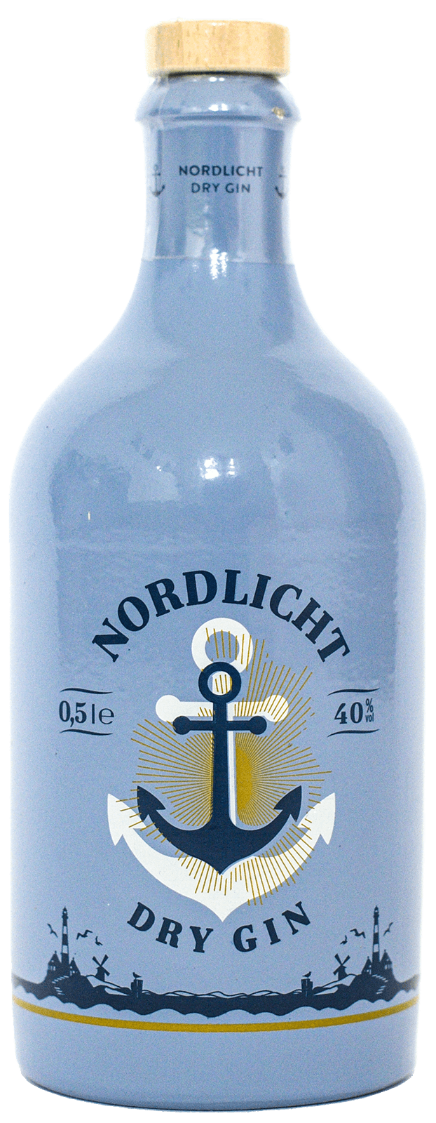 Bild von einer Flasche Nordlicht Dry Gin mit klarer blauer Etikettierung vor minimalistischem Hintergrund.
