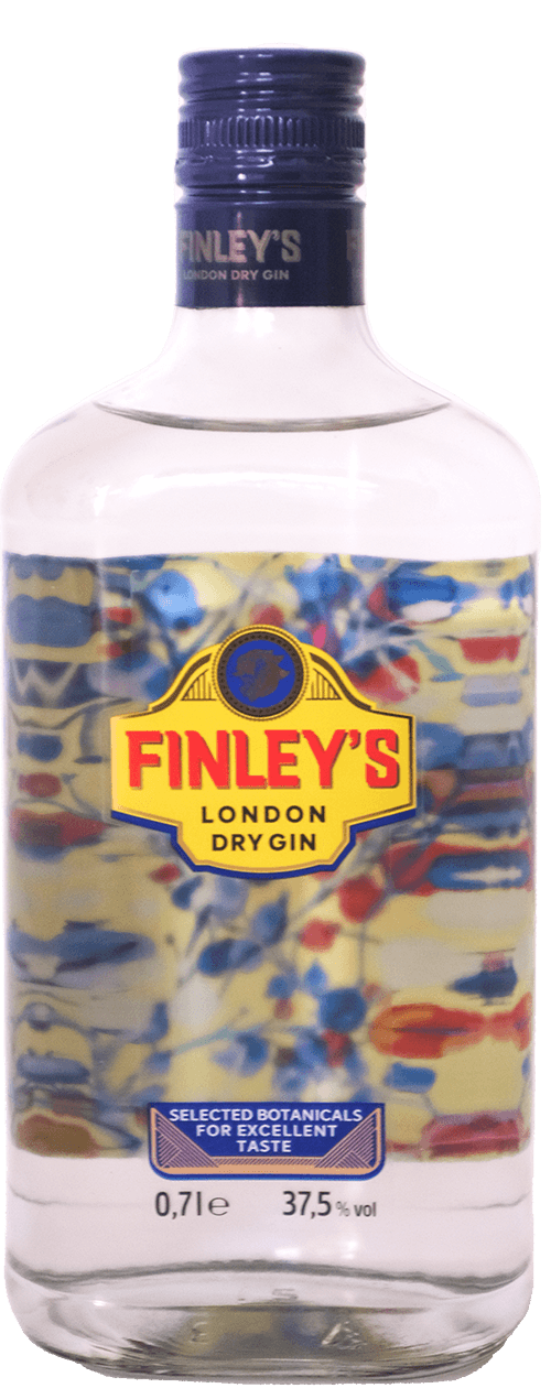 Bild einer Flasche vom Finley London Dry Gin mit klarem Design auf entspanntem Hintergrund